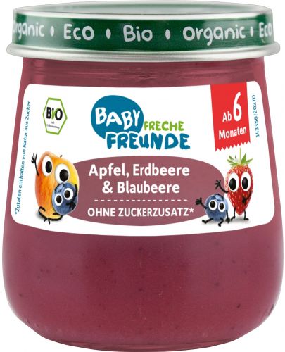Био плодово пюре Freche Freunde - Ябълка, ягода и боровинка, 120 g - 1