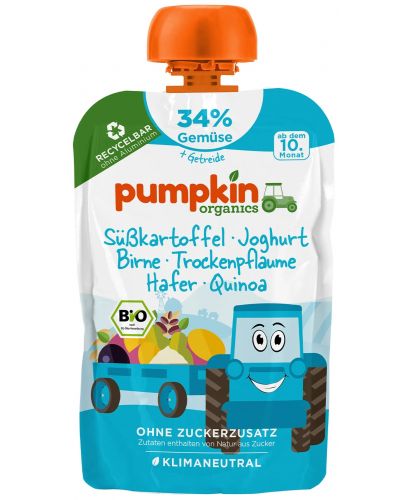 Био пюре Pumpkin Organics - Пауч със сладък картоф, йогурт, сливи и овесени ядки, 100 g - 1