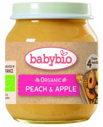 Био плодово пюре Babybio - Праскови и ябълки, 130 g - 1