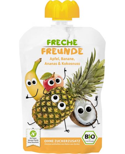 Био плодова закуска Freche Freunde - Ябълка, банан, ананас и кокос, 100 g - 1