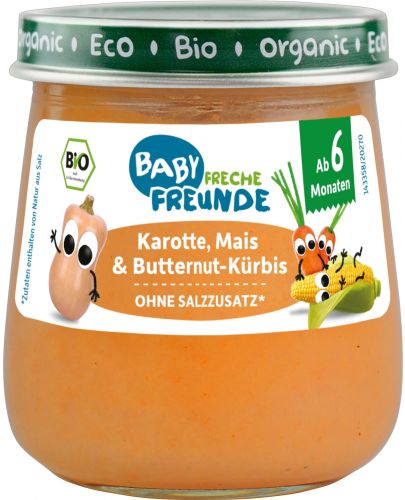 Био зеленчуково пюре Freche Freunde - Морков, царевица и сладка тиква, 120 g - 1