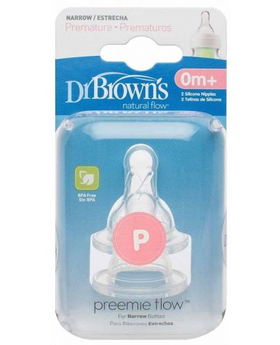 Биберони Dr. Brown's - За шишета Narrow-Neck Nipple, Preemie, 2 броя - 2