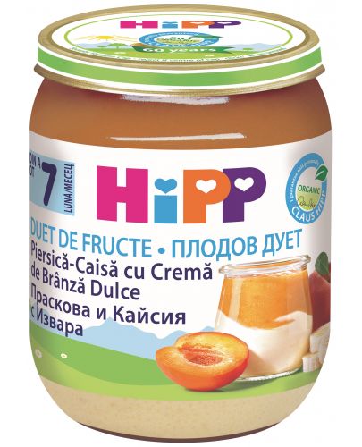 Био плодово пюре Hipp Fruit Duet - Праскова, кайсия  и извара, 160 g - 1
