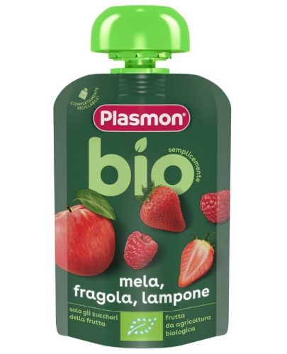 Био плодова закуска Plasmon - Пауч с ябълка и ягода, 6 м+, 100 g - 1