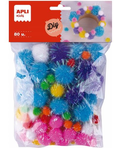 Блестящи цветни помпони Apli Kids - 80 броя - 1