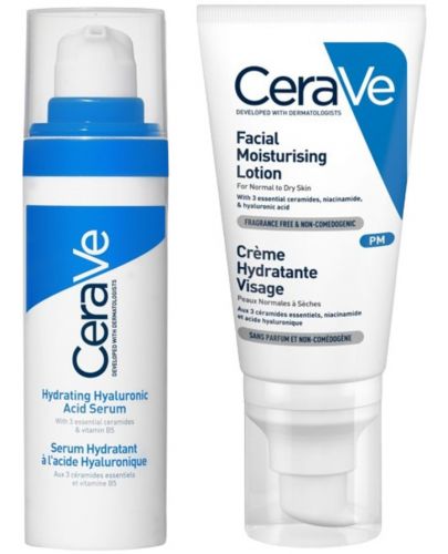 CeraVe Комплект - Хидратиращ серум с хиалуронова киселина и Крем за лице, 30 + 52 ml - 1