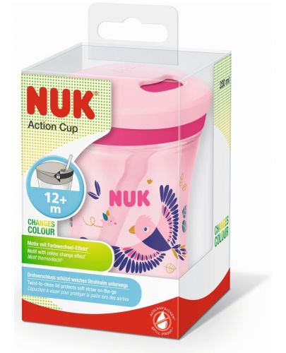 Чаша със сламка NUK Evolution - Action Cup, Chameleon, розова, 230 ml - 2
