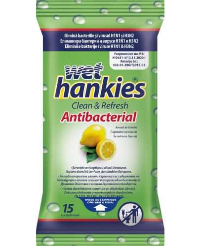 Clean & Refresh Антибактериални мокри кърпи, лимон, 15 броя, Wet Hankies - 1