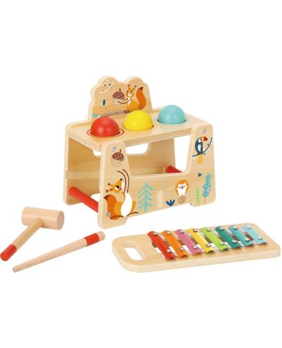Дървена играчка Tooky Toy - Ксилофон с топки и чукче, Горски свят - 2