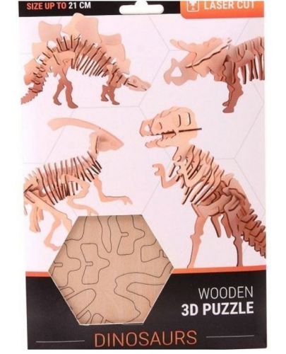 Дървен 3D пъзел Johntoy - Динозаври, 4 вида - 2