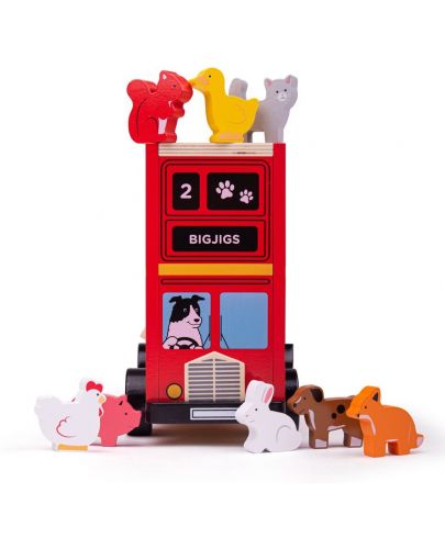 Дървена играчка за сортиране Bigjigs - Автобус с животинчета - 2