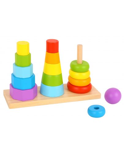 Дървена играчка за нанизане 3 в 1 Tooky Toy - Пирамиди - 2