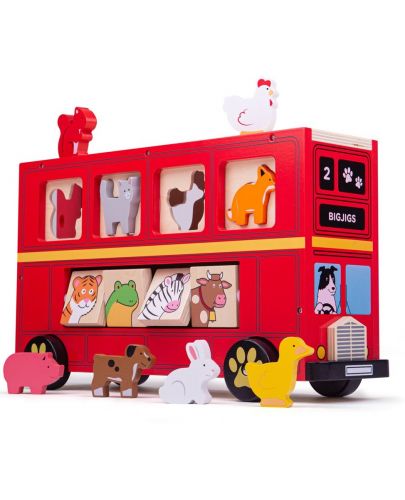 Дървена играчка за сортиране Bigjigs - Автобус с животинчета - 1