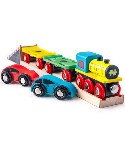 Дървена играчка Bigjigs - Влакче автовоз,  с колички - 2