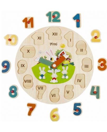 Дървен образователен пъзел Pino - Часовник и числа, зайчета - 2