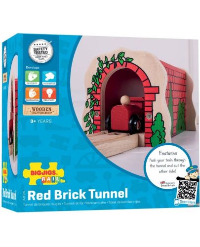 Дървена играчка Bigjigs - Червен тухлен тунел с релса - 6