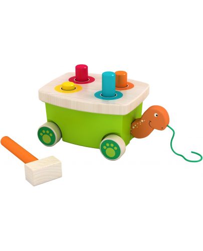 Дървена играчка Acool Toy - Костенурка с колелца и чукче - 1