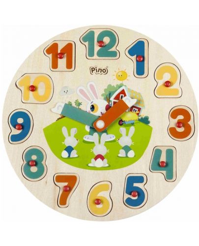 Дървен образователен пъзел Pino - Часовник и числа, зайчета - 1