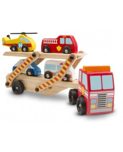 Дървена играчка Melissa & Doug - Автовоз на две нива с колички - 1