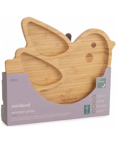 Дървена чиния с вакуум Miniland - Eco Friendly, Птичка - 3