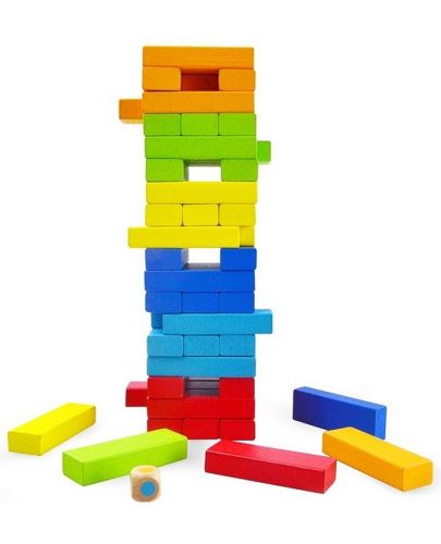  Дървена цветна игра за баланс Acool Toy - Дженга със зарче  - 1