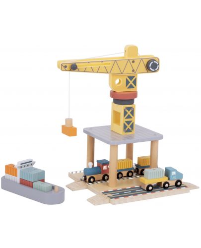 Дървен комплект Tooky Toy - Пристанищен кран с аксесоари - 1