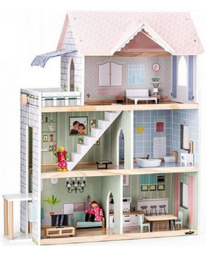 Дървена къща за кукли Woody - Моли, с обзавеждане и кукли - 1