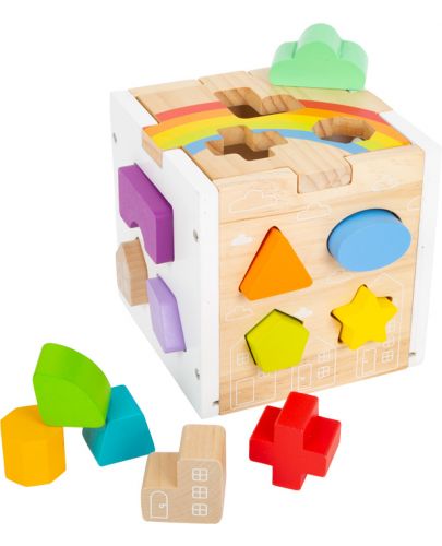 Дървен комплект за сортиране Small Foot - Куб с геометрични фигури, Дъга - 1