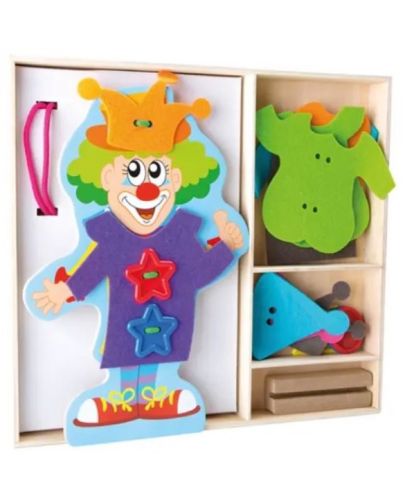 Дървена играчка за нанизване Small Foot - Клоун с дрехи  - 1