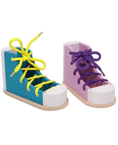 Дървена играчка Small Foot - Обувки с връзки за връзване, 2 броя  - 1