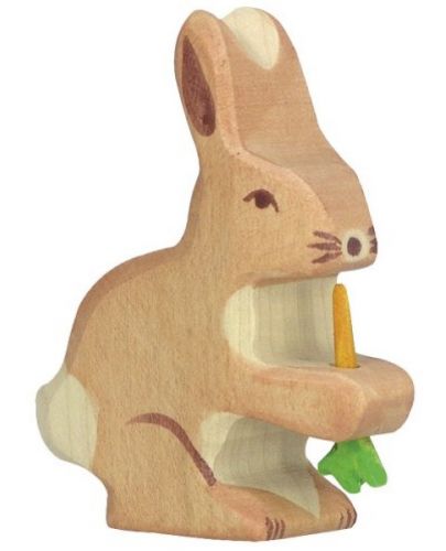 Дървена фигурка Holztiger - Заек с морков - 1