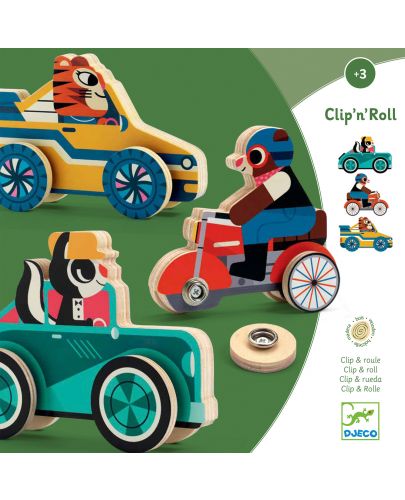 Дървена играчка Djeco Clipacar - Животни с автомобили - 1