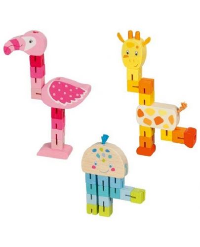 Дървен детски пъзел Goki - Жираф, фламинго, октопод - 1