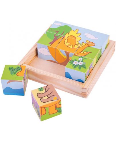 Дървени кубчета Bigjigs - Dinosaur Cube Puzzle - 1