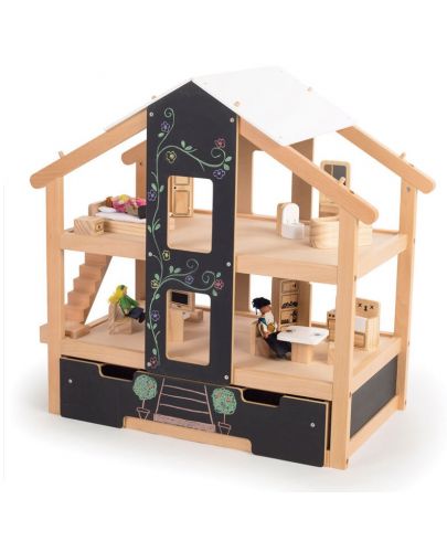 Дървена къща за кукли Bigjigs - Обзаведена, с отворен достъп - 1