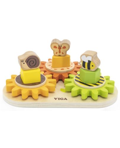 Дървена играчка Viga - Сортер с геометрични форми и зъбни колела - 1