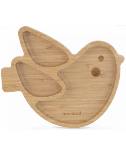 Дървена чиния с вакуум Miniland - Eco Friendly, Птичка - 1