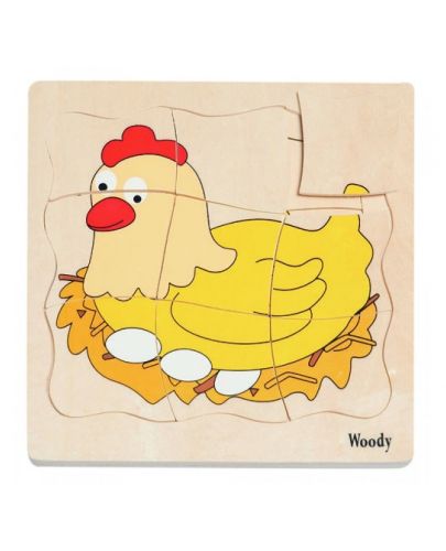 Дървен многопластов пъзел Woody - Яйце и кокошка - 1