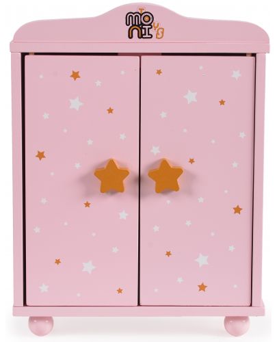 Дървен гардероб за кукли Moni Toys - С 3 закачалки, розов - 1