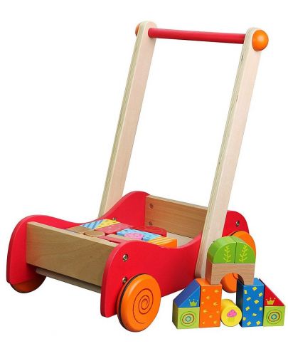 Дървена играчка за бутане Lelin - Кола с конструктор, 30 части - 1