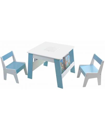 Детска дървена маса с 2 столчета и място за съхранение Ginger Home - Бяла със синьо - 1