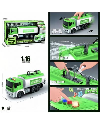 Детска играчка Raya Toys Truck Car - Водоноска, 1:16, със специални ефекти, зелена - 2