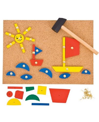 Детска дървена игра Bigjigs - Мозайка с чукче и пинчета - 1