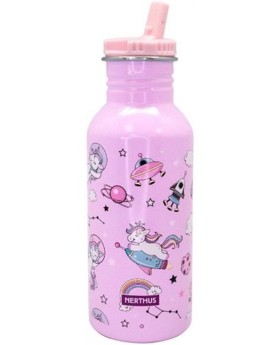 Детска бутилка със сламка Nerthus - Еднорози, 500 ml - 1
