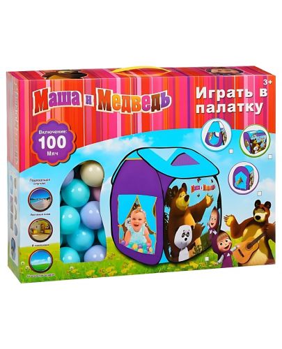 Детска палатка за игри Ittl - Маша и Мечока със 100 броя топки - 6