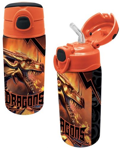Детска бутилка от неръждаема стомана Graffiti Dragons - Оранжева, със сламка, 500 ml - 1
