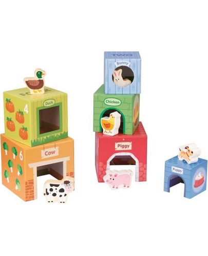 Детски комплект Lelin Toys - Картонени кубчета с дървени животни - 1