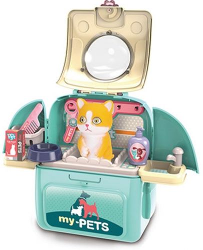 Детска играчка 2 в 1 Ocie - Салон за домашен любимец в раница, син, с коте - 1