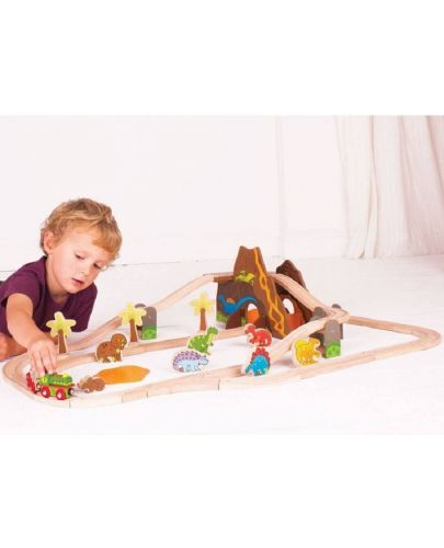 Детска дървена играчка Bigjigs - Динозавърски влаков комплект - 2
