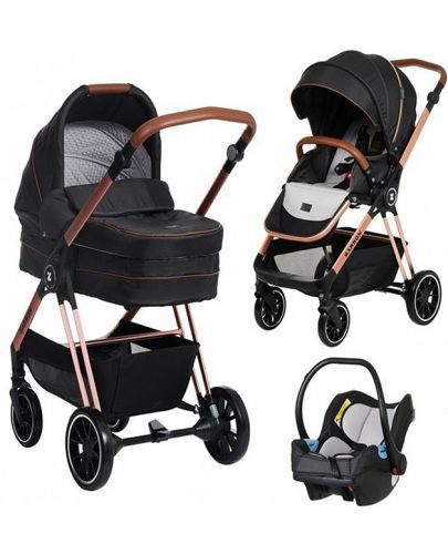 Детска количка Zizito - Barron 3 в 1, черна със златисто-розова рамка - 1